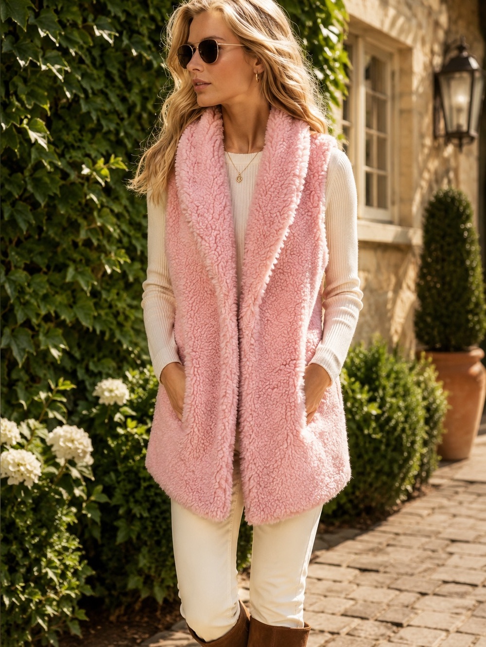 BETSEY JOHNSON Pink Boucle Sherpa Cozy Outdoor Fall Oversized Vest, M/L